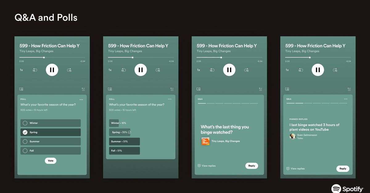 Spotify, etkileşimli podcast anketlerini ve Soru-Cevapları daha da fazla gösteriye genişletiyor
