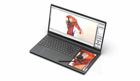 Sızan Lenovo Thinkbook Plus görüntüsü, klavyenin yanında ikinci bir ekran gösteriyor