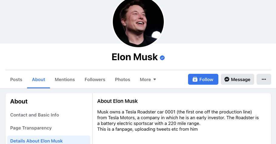 Facebook, Elon Musk olarak poz veren bir hayran sayfasını doğruladı
